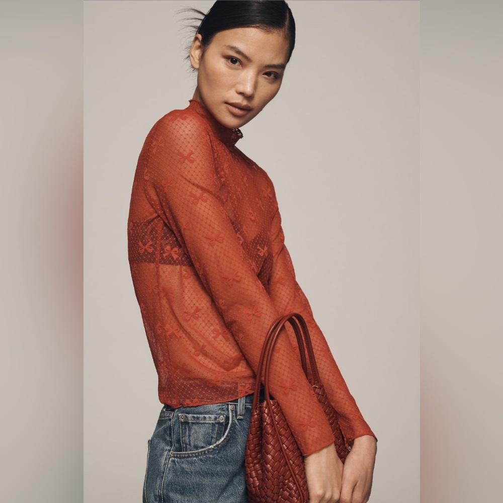 ✨ Anthropologie Bow Lace Turtleneck Top Sz S